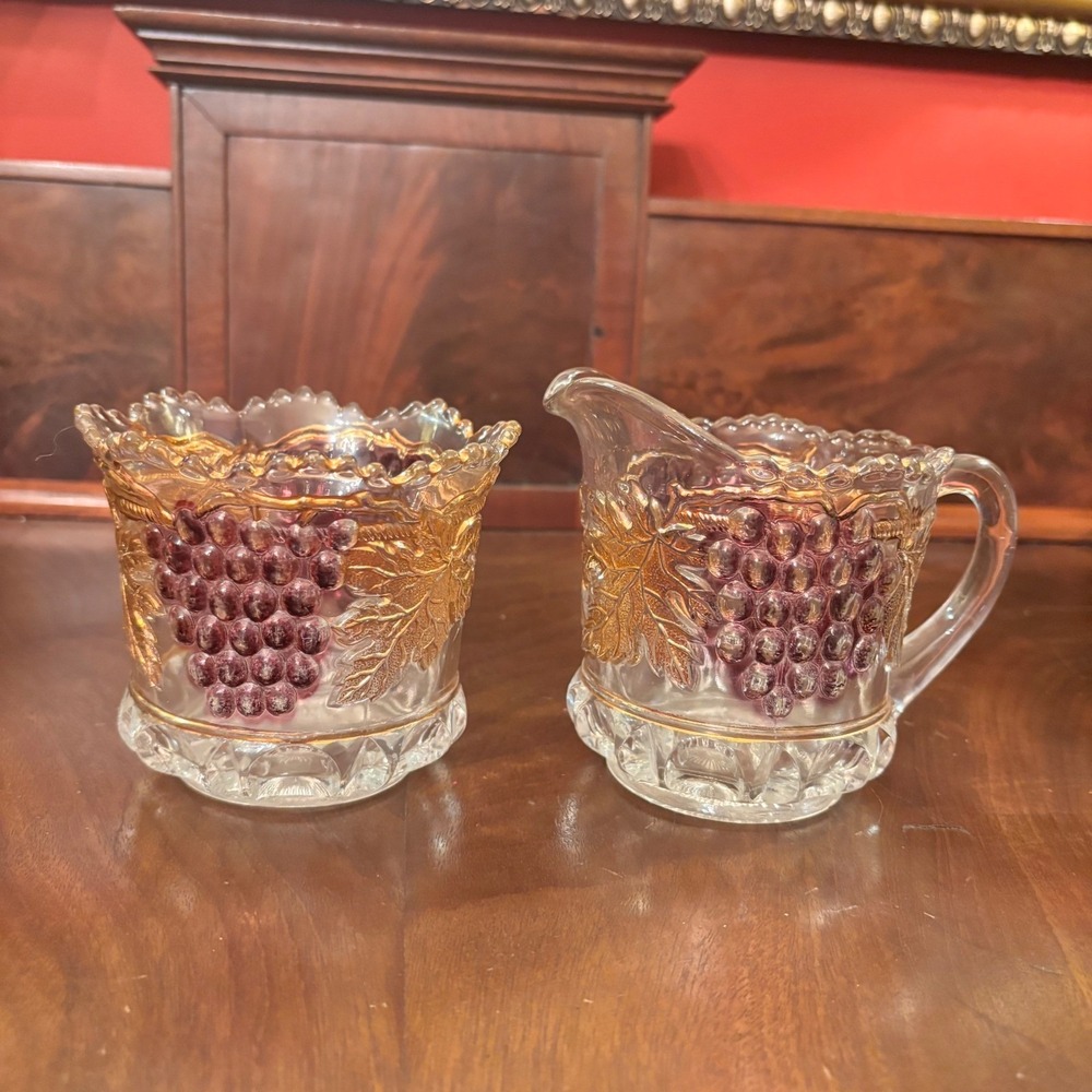 Vintage Mosser Glass Grape Creamer Sugar Bowl Set Gold Trim‎ Purple Grapes USA